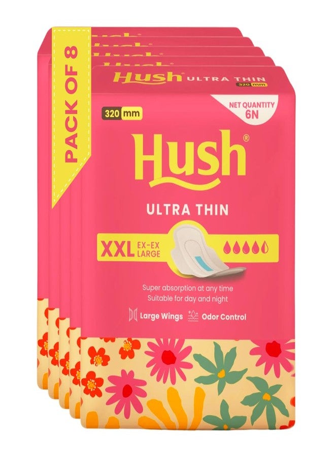 Hush Ultrathin Sanitary Pads | 320mm | Super Absorption | Large Wings | Odour Lock | Comfortable & Long-Lasting Protection | Pack of 8 | XXL | 48 Sanitary Pads - Image 1